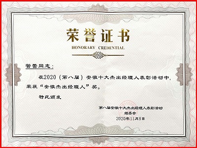 獲得安徽十大杰出經(jīng)理人榮譽(yù)證書